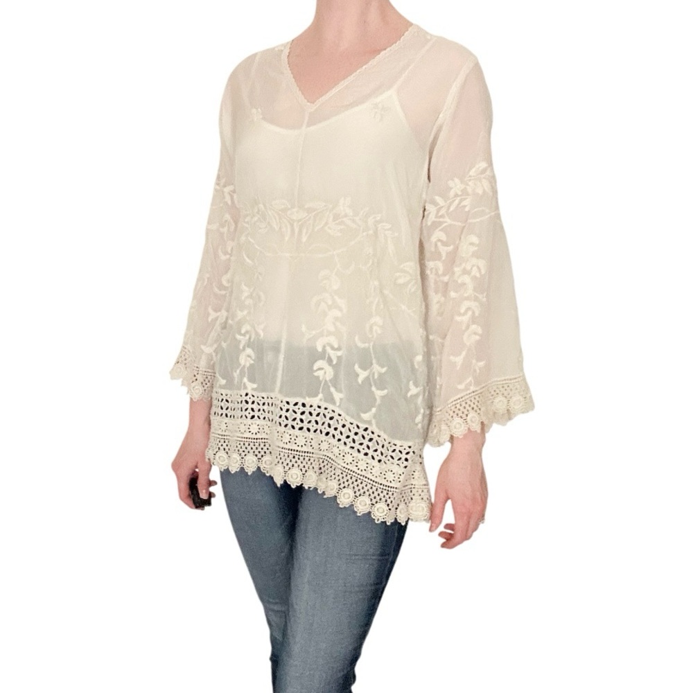 Johnny Was Cream Ivory Long Sleeve Shirt Boho Tunic Blouse Floral Lace Shirt